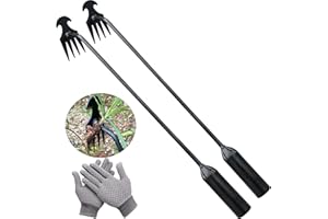 Doubleggs Weed Puller Tool, 2 Pcs 4 Teeth Durable Garden Weed Pulling Tool, Portable Garden Weeder Tool with Gloves for Vegetable Gardening, Backyard Farm Weeding Tool (15.74 inch / 40 cm)