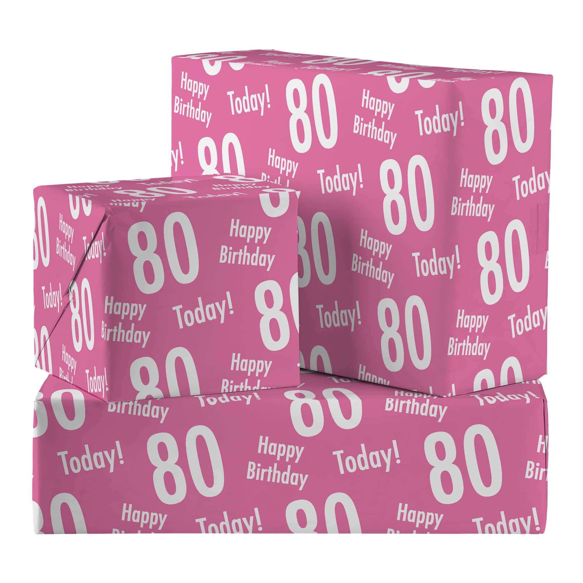 Hunts England - 2 Sheets Of 80th Birthday Pink Luxury Wrapping Paper For Her - Includes 2 Gift Tags - Age 80 Female Folded Gift Wrap - Urban Colour Collection - Age Eighty Gift Wrap For Women