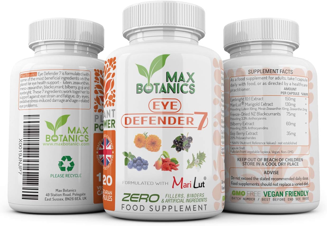 Max Botanics Eye Defender 7 Long-Term Eye Health Formula Supplements Lutein Zeaxanthin Bilberry Goji Blackcurrant Eyebright Support Clear Healthy Vision No Additives Vegan GMP 120 Capsules UK Made - Image 3