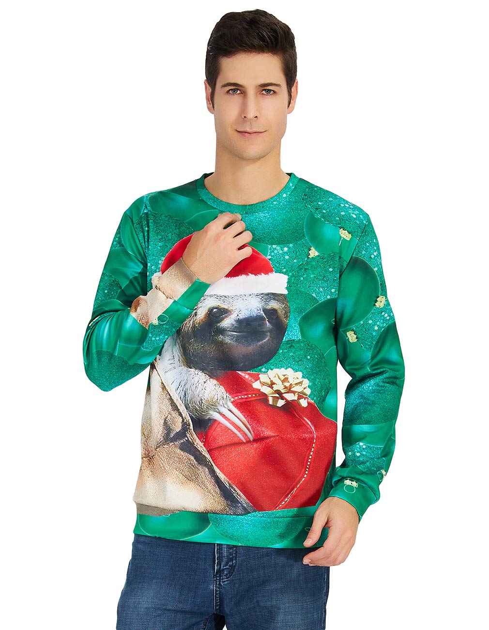 RAISEVERN Unisex Ugly Christmas Sloth Print Xmas Pullover Sweater Sweatshirt for Teen Boys Girls L Funny Sloth