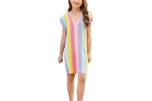 CHILDRENSTAR Girls Knit Swimsuit Cover ups Summer Beach Bathing Suit Coverups Colorblock V Neck Cami Dresses for Kids