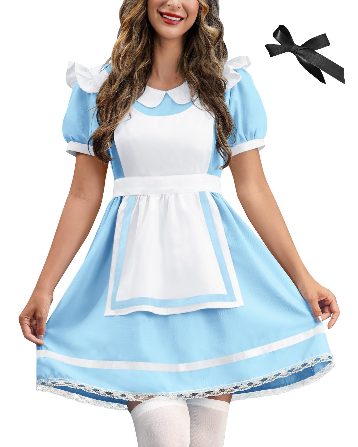 Photo 1 of Womens Halloween Ruffled Apron Costume Princess Cosplay Adult Lace Hemline Alice Dresses Blue White XL
