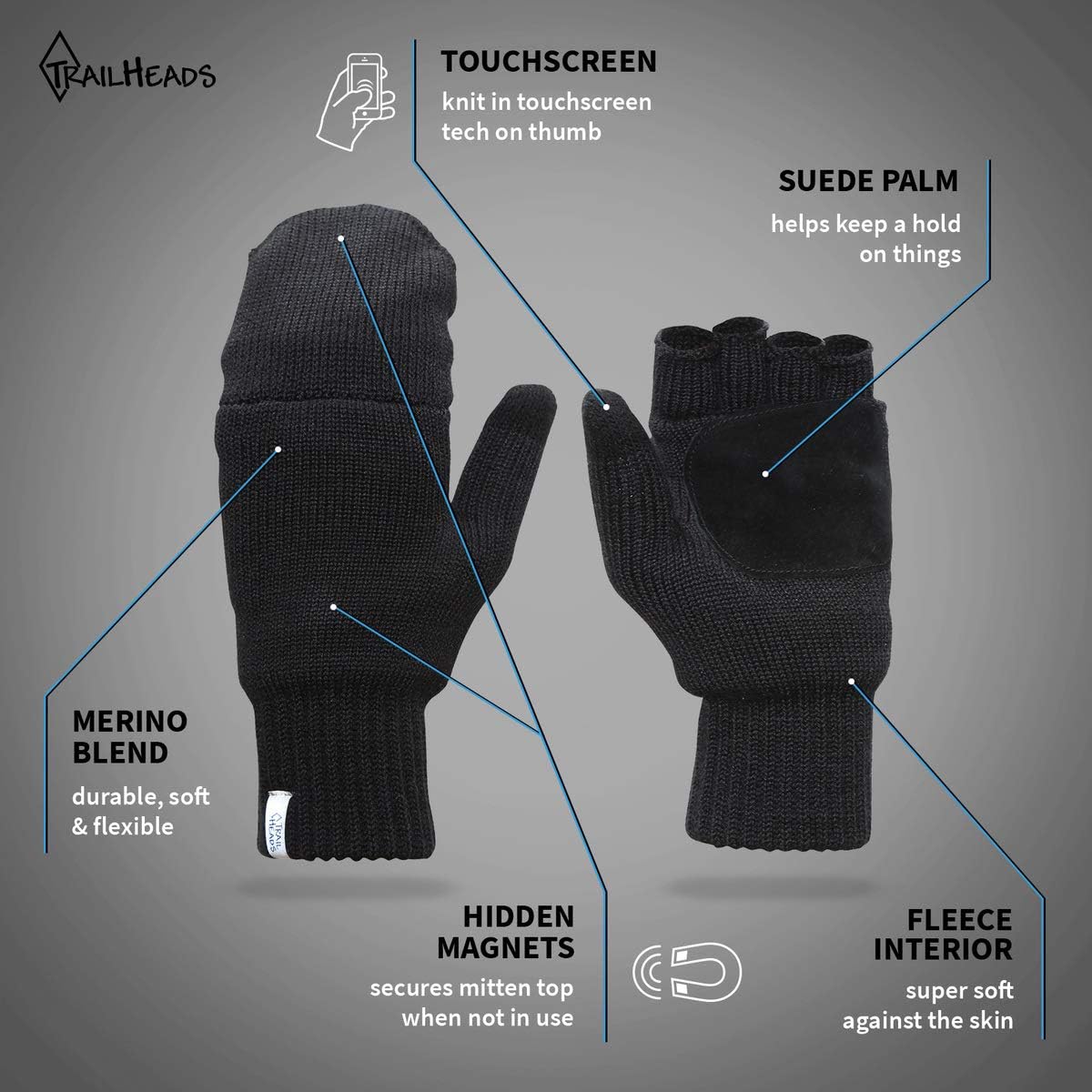 TrailHeads Women’s Fingerless Gloves | Merino Knit Convertible Mittens: Clothing