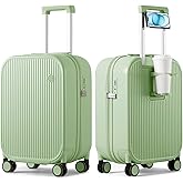 mixi Carry On Luggage with Cup Phone Holder Hard Shell Rolling Travel Suitcase with Spinner Wheels,20 Inch Avocado Green