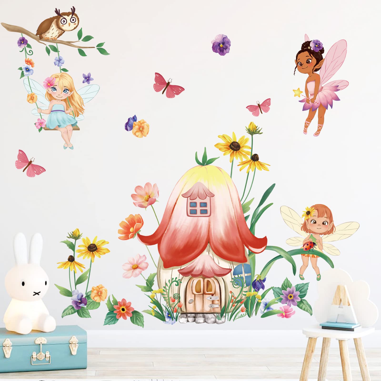 decalmile Fairy Mushroom Wall Stickers Butterfly Fairy Flowers Wall Decals Girls Bedroom Kids Room Baby Nursery Wall Decor