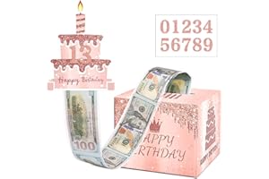 TOYEISHI Birthday Money Pull Box for Cash Gift with DIY Self-Adhesive Stickers for Any Age, Happy Birthday Money Box for Cash Gift Pull Out Cake Card and 100Pcs Bags, Party Decor Ideas-Pink