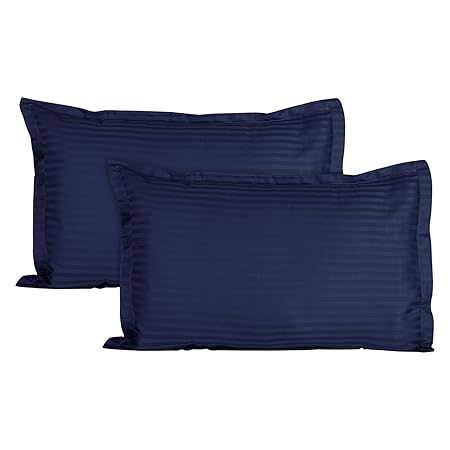 Ahmedabad Cotton Luxurious Striped 2 Piece Sateen Pillow Cover Set - 18x27, Navy Blue