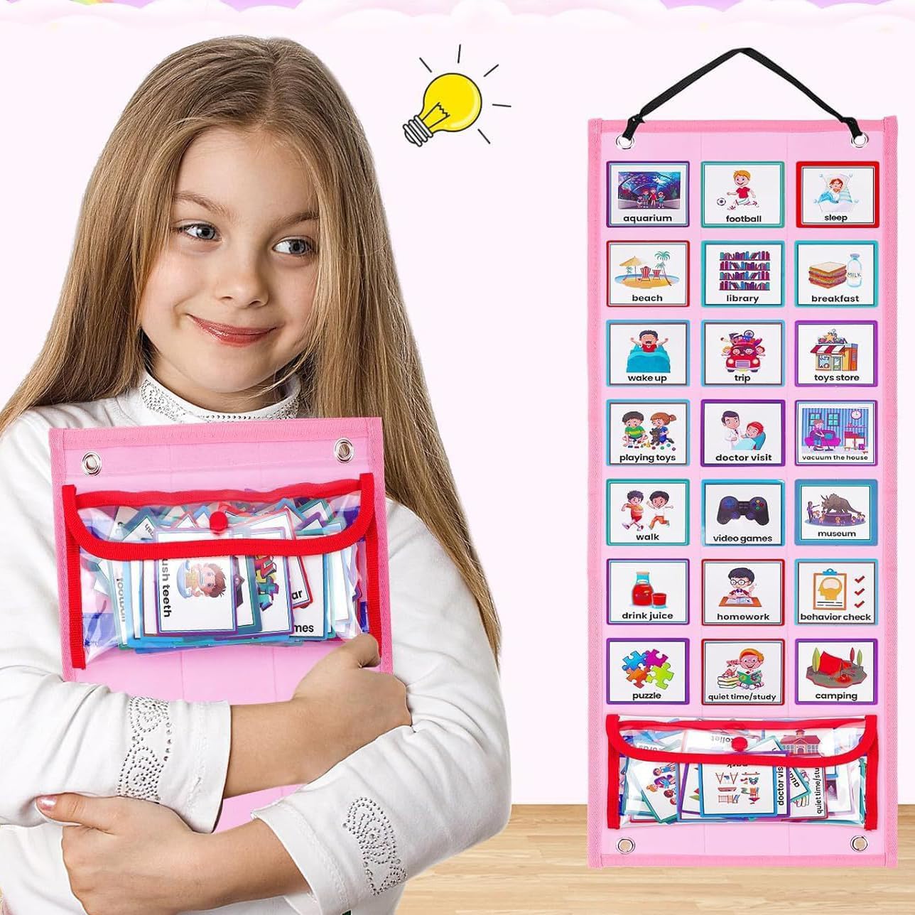 CXAFQ Visual Timetable Children Daily Routine Chart, Autism Learning Resources, Learning Aids Tool for ADHD, Autism,Chore Chart for kids, Calendar Pocket, Home School Preschool for Boys Girls.