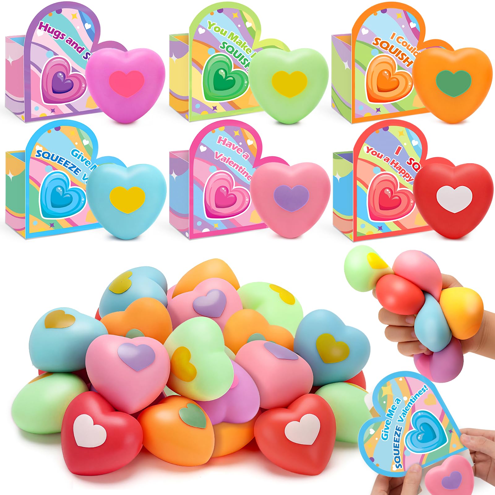 Photo 1 of 24 Pack Valentines Day Cards with Heart Squeeze Stress Balls for Kids School, Classroom Valentines Day Gifts for Kids, Valentines Party Favors Exchange Gift for Boys Girls