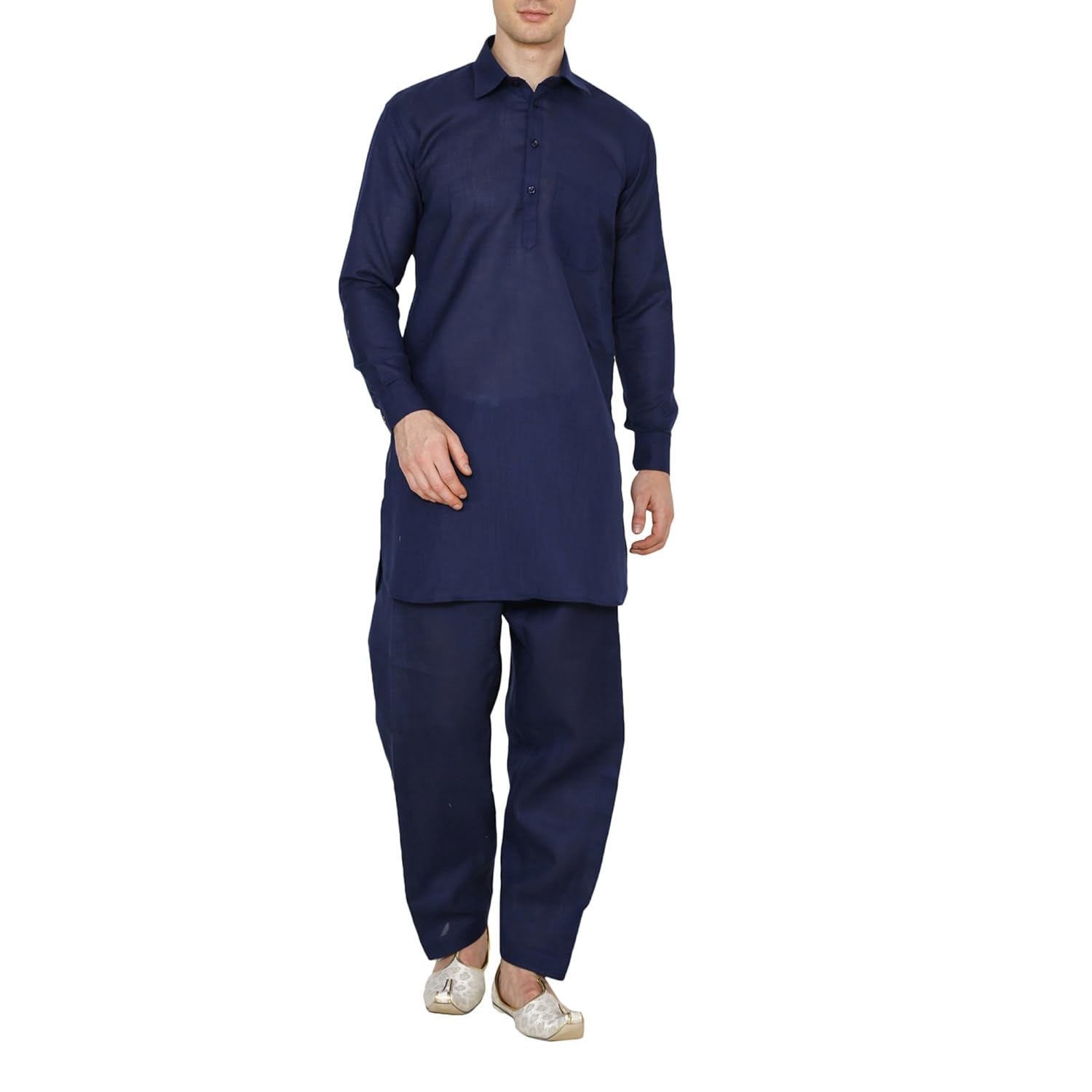 royal kurta pathani suit for men cotton linen blend-navy