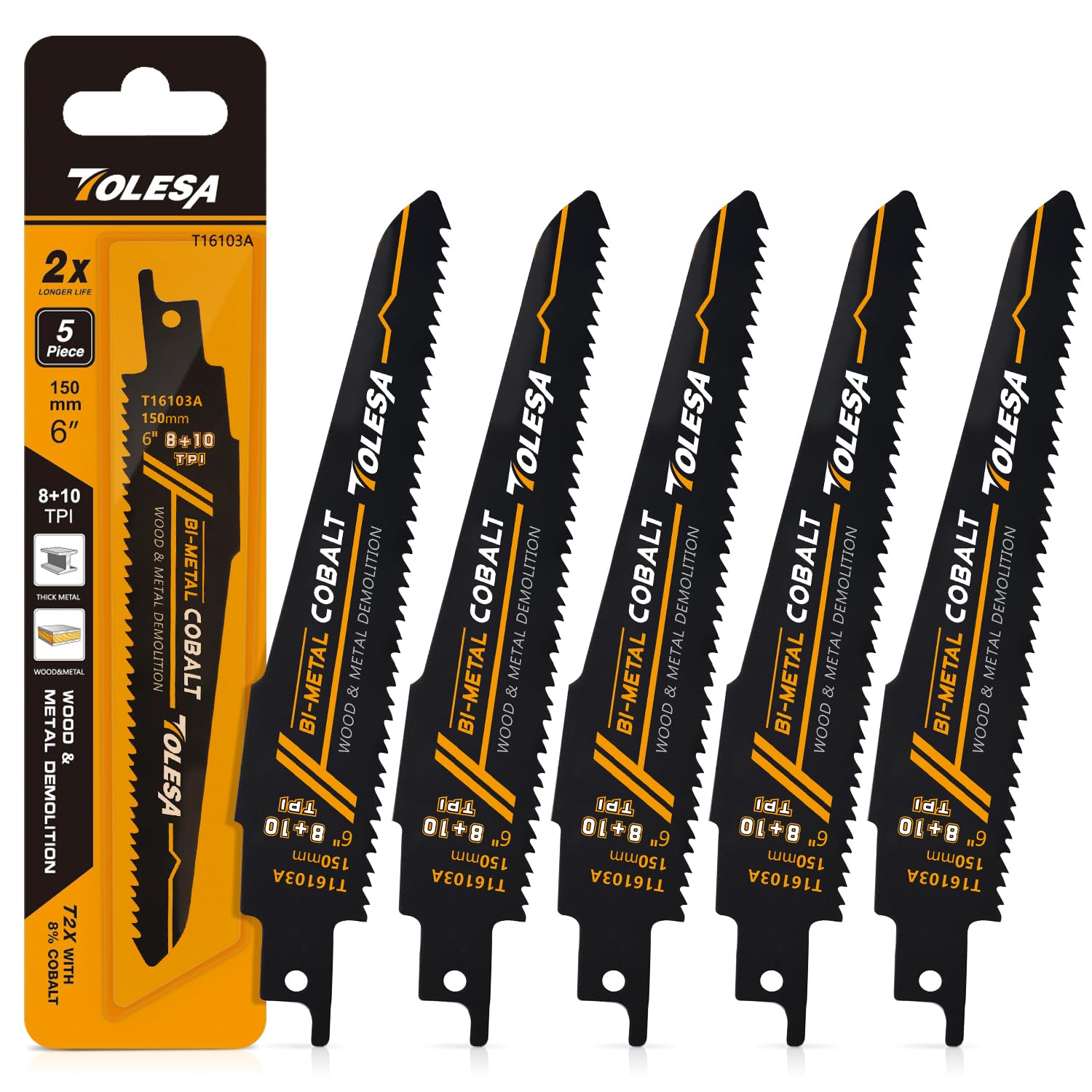 TOLESA Metal Wood Demolition Reciprocating Saw Blades 150mm 8+10TPI Sawzall Blades for Steel Pipe Cutting, Drywall, Chipboard, Glass Fiber-Reinforce Plastic and Composite Materials Demolition 5 Pack