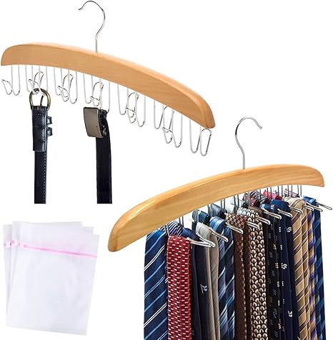 Amazon Co Jp セットでお得 ネクタイハンガー ベルトハンガー セット ネクタイ収納 ベルト収納 ネクタイ掛け ベルト掛け 木製ベルト ハンガー ネクタイ スカーフ キャミソール 収納 整理 滑らないハンガー ナチュラル ネクタイ洗濯ネット付き ホーム キッチン