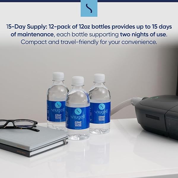 SNUGELL DISTILLED WATER FOR CPAP MACHINES, TRAVEL SIZE BOTTLES (12-PACK, 12 OZ EACH) – UP TO 15 DAYS SUPPLY – CLEAN, MULTI-USE, TRAVEL-FRIENDLY, MADE IN USA