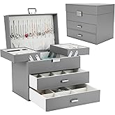 Dajasan Jewelry Holder Organizer Box, Jewelry Boxes for Women Girls, 4 Layers Large Jewelry Storage Box for Earring, Ring, Necklace, Bracelets (Grey)