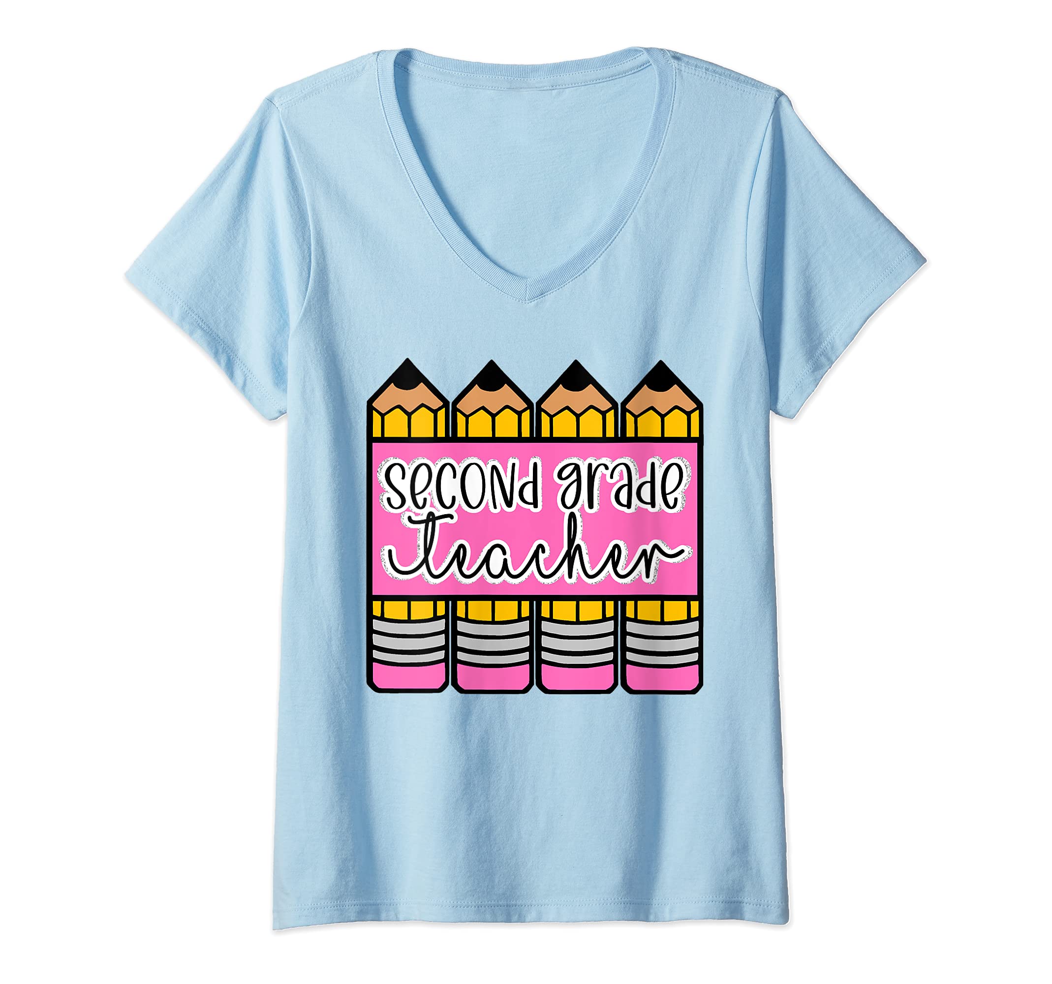 Womens Cute pencil second 2nd grade teacher teaching school student V-Neck T-Shirt