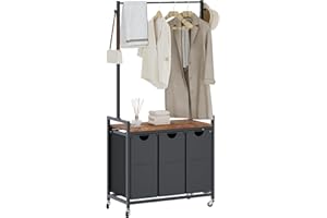TRIFEBLE Laundry Sorter with Clothes Rack, Laundry Hamper 3 Section with Shelf, Laundry Basket with Rolling Lockable Wheels, Pull-Out and Removable Oxford Fabric Laundry Bags, Rustic Brown and Black