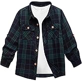 Boys Plaid Flannel Shirts Long Sleeve Casual Button Down Shirts Collared Fall Clothes Navy Green 10-11 Years