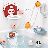 No-Hole Bath Toys for Kids 1-3, Farm Animal Bathtub Toy with Slide | Basketball Hoop, Mesh Storage Bag, Fishing Net, Bathtime Bathtub Water Toys Bath Toys Gifts for Toddlers Boys Girls
