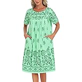 ETOSELL Women's V-Neck Floral Nightgown Short Sleeve Mid-Length Sleepwear with Pockets Casual Comfortable Nightie Dress