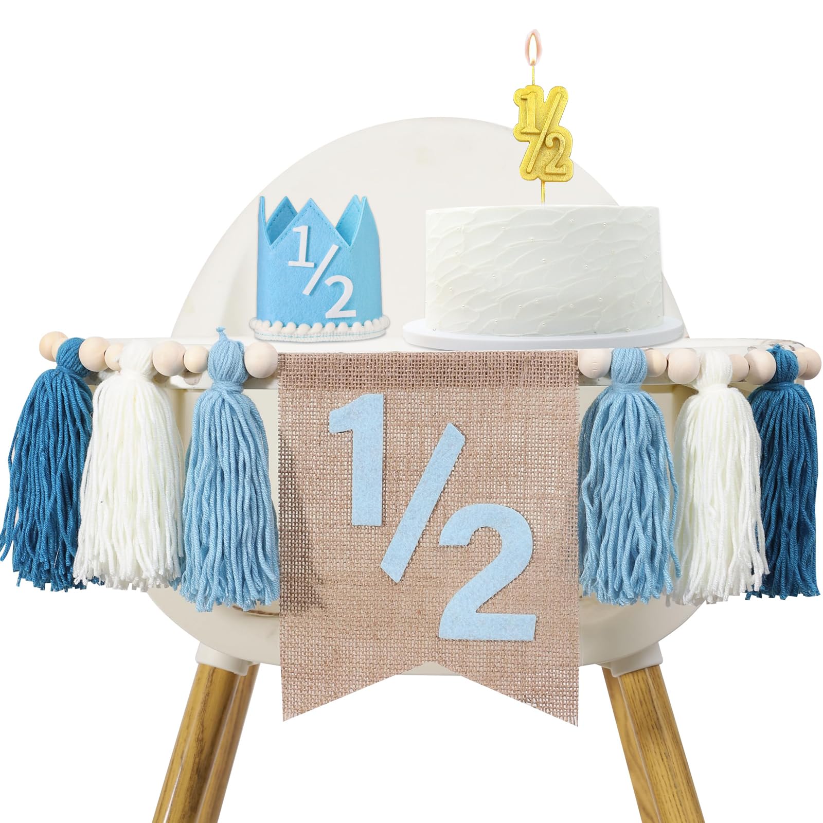 Photo 1 of 1/2 Birthday Boy Half Birthday Decorations High Chair Banner, 6 Month Girl Tassel Wood Bead Highchair Garland Blue