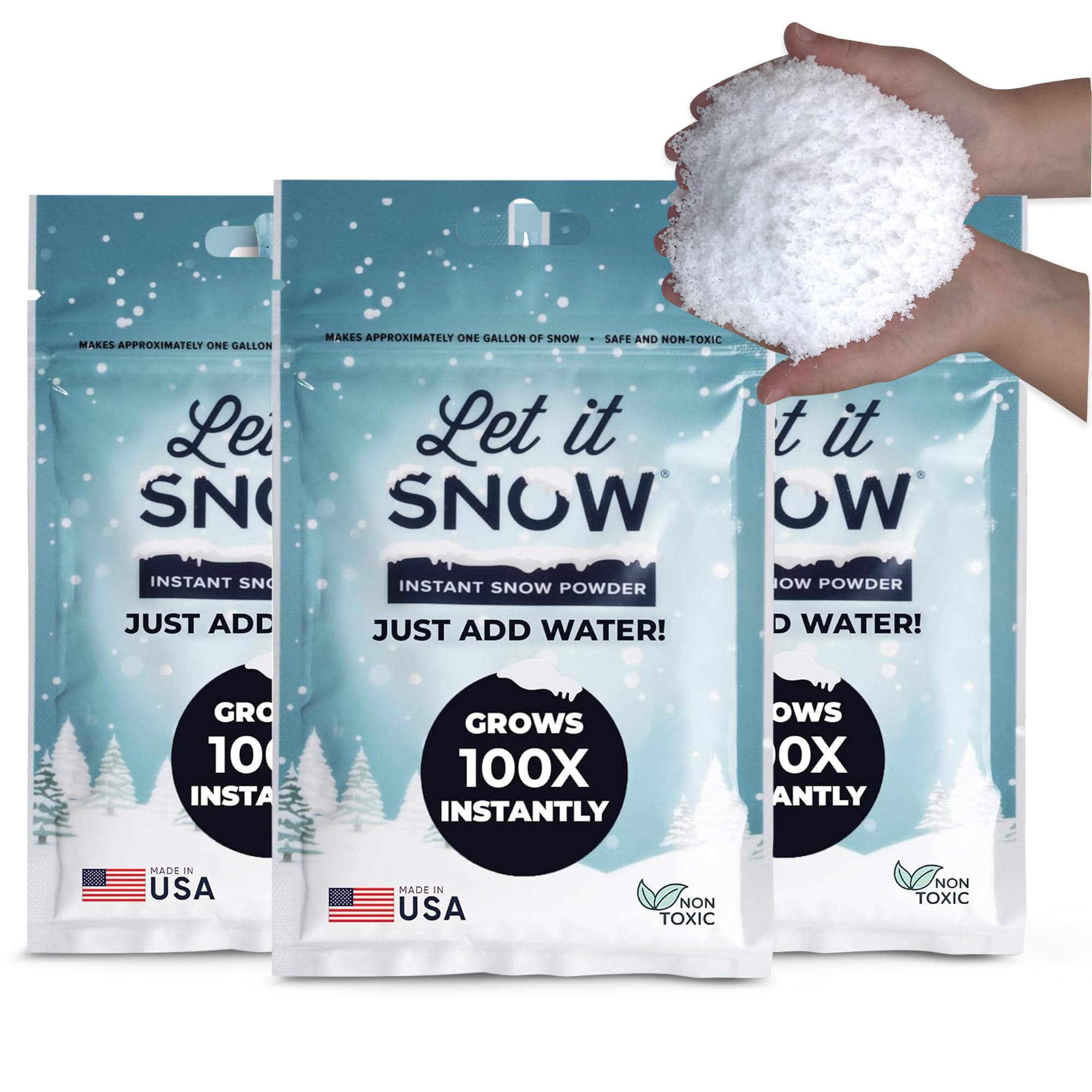 Let it Snow Instant Fake Snow Powder - Made in the USA, Safe & Easy to Use Artificial Snow for Slime, Holiday Decorations, Photography & Sensory Play, 3 Packs, Makes 3 Gallons