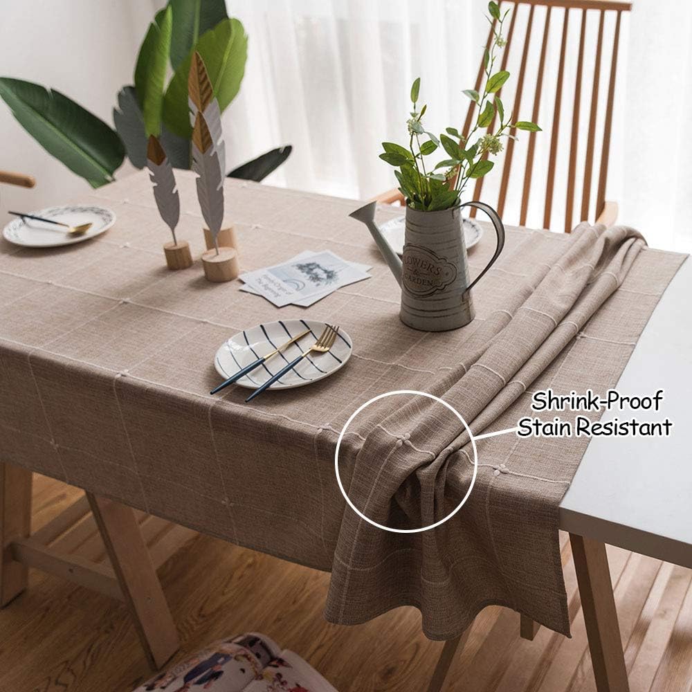 ColorBird Solid Embroidery Lattice Tablecloth Cotton Linen Dust-Proof Checkered Table Cover for Kitchen Dinning Tabletop Decoration (Rectangle/Oblong, 52 x 120 Inch, Linen): Kitchen & Dining