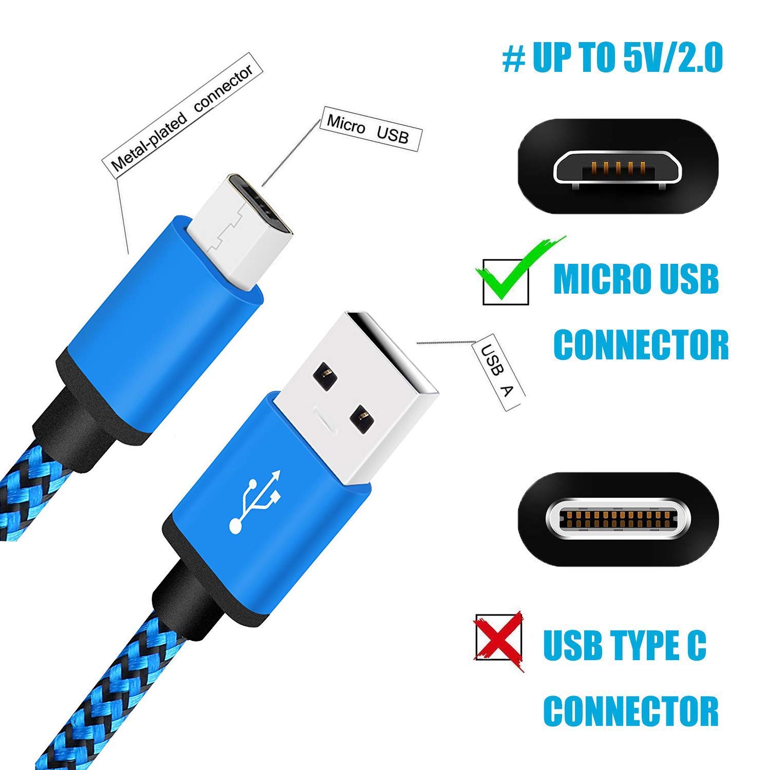 2Pack 6.6Ft Micro USB Charger Fast Cable Compatible for Samsung Galaxy A6 S6 S7 Edge Active S4 S3 Note 5 2 J3 J5 J7 J8 J1 Core Prime Grand Alpha Amp prime 2 3 Tab Droid Turbo, Moto G3, G4, G5 Plus
