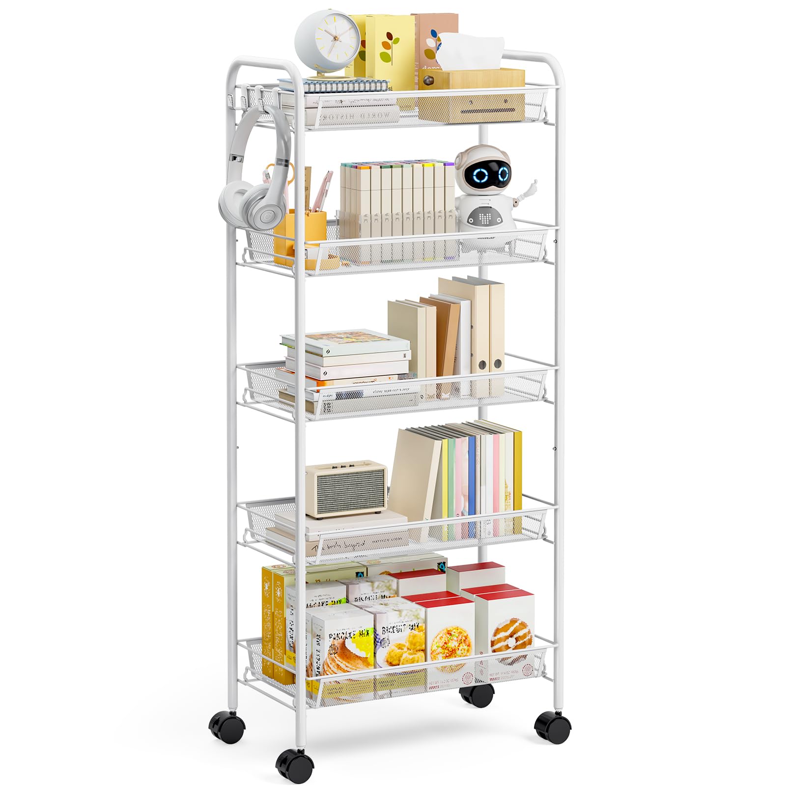 TOOLF 5-Tier Rolling Cart, Metal Utility Cart with 3 Hooks, Easy Assemble Mobile Storage Trolley On Wheels, Metal Shelving Units Kitchen Bathroom Laundry Room Image