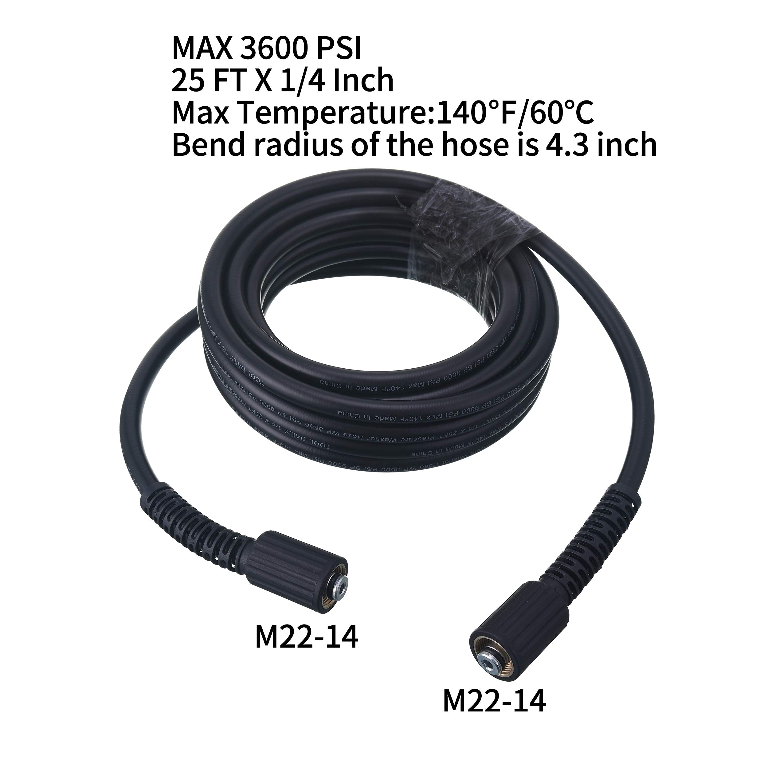 Tool Daily High Pressure Washer Hose, 25 FT X 1/4 Inch, 3600 PSI, M22 14mm, Replacement Power Washer Hose for Most Brands