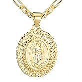 Kyhvoux Virgin Mary Necklace for Women, 14K Gold Plated Copper Virgen de Guadalupe Charm Pendant, Valentine Mother's Day Our Lady Blessed Christian Catholic Gifts for Her with Jewelry Box Figaro Chain