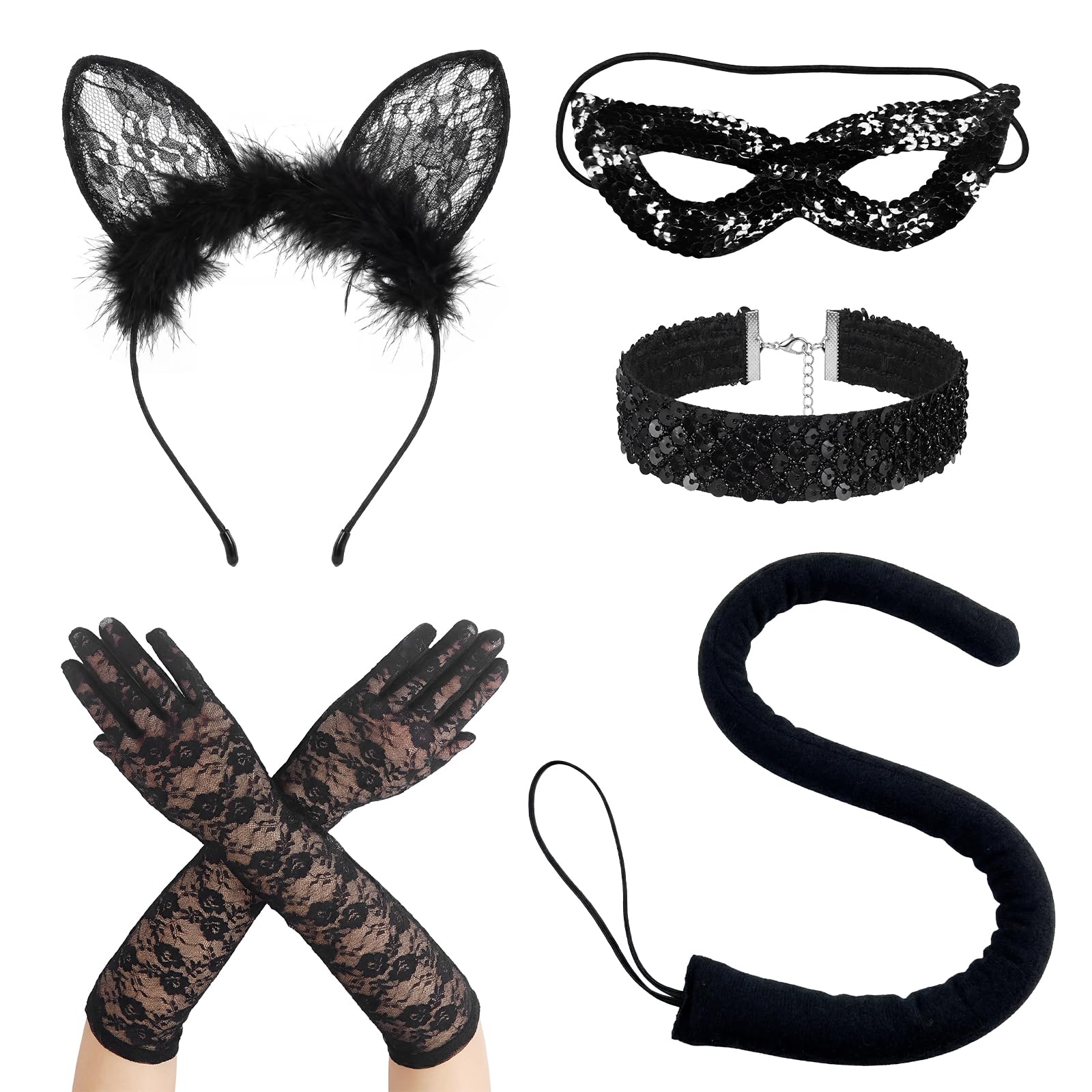 Owdenuy Black Cat Costume Set, Catwoman Costume Accessories, Sequins Black Cat Ears Cat Tail Masquerade Mask Cat Claw Gloves Choker for Women Halloween Cosplay Themed Parties (Style 02)