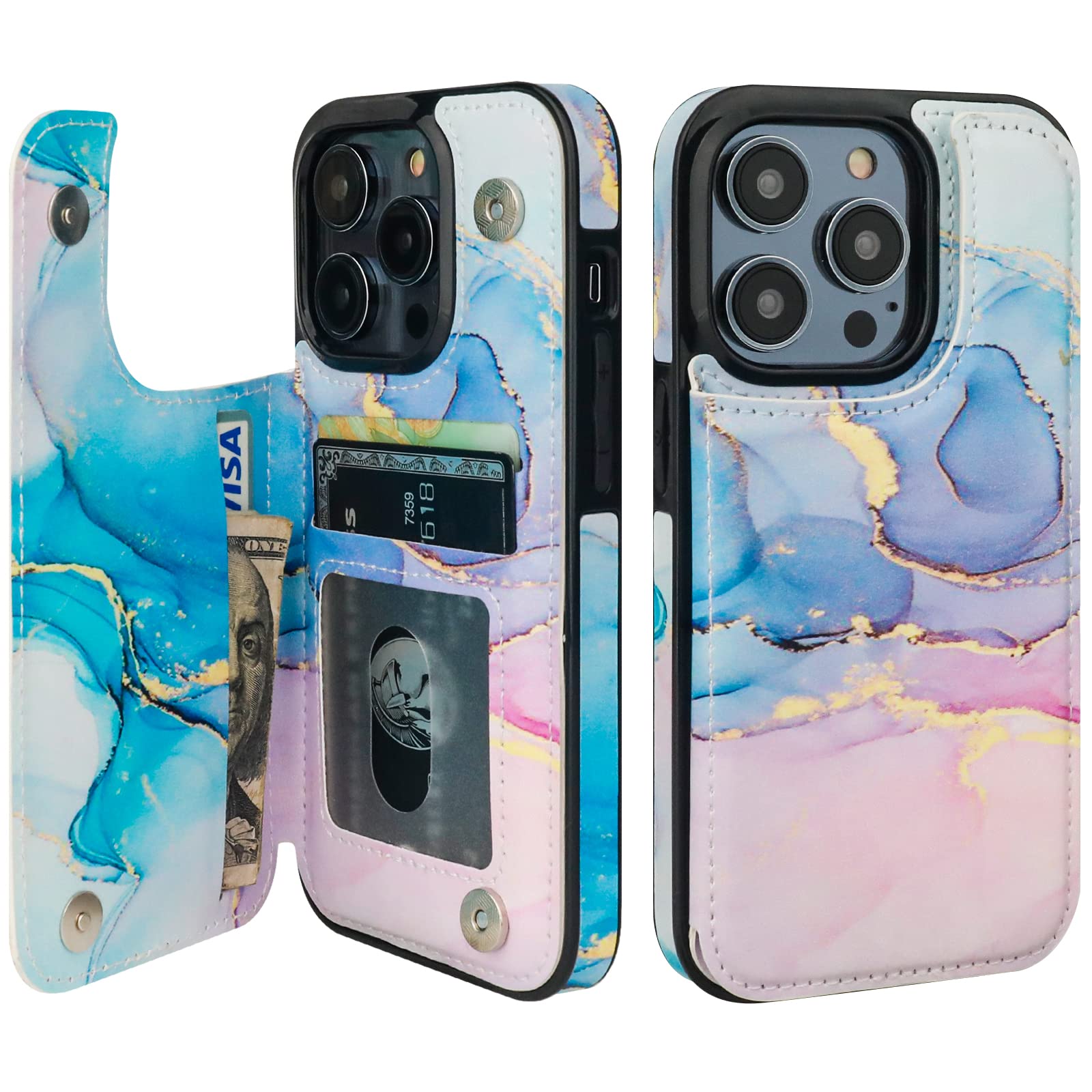 HAOPINSH for iPhone 14 Pro Wallet Case with Card Holder, Pink Blue Marble Pattern Back Flip Folio PU Leather Kickstand Card Slots Case for Women Girls, Double Magnetic Clasp Shockproof Cover 6.1"