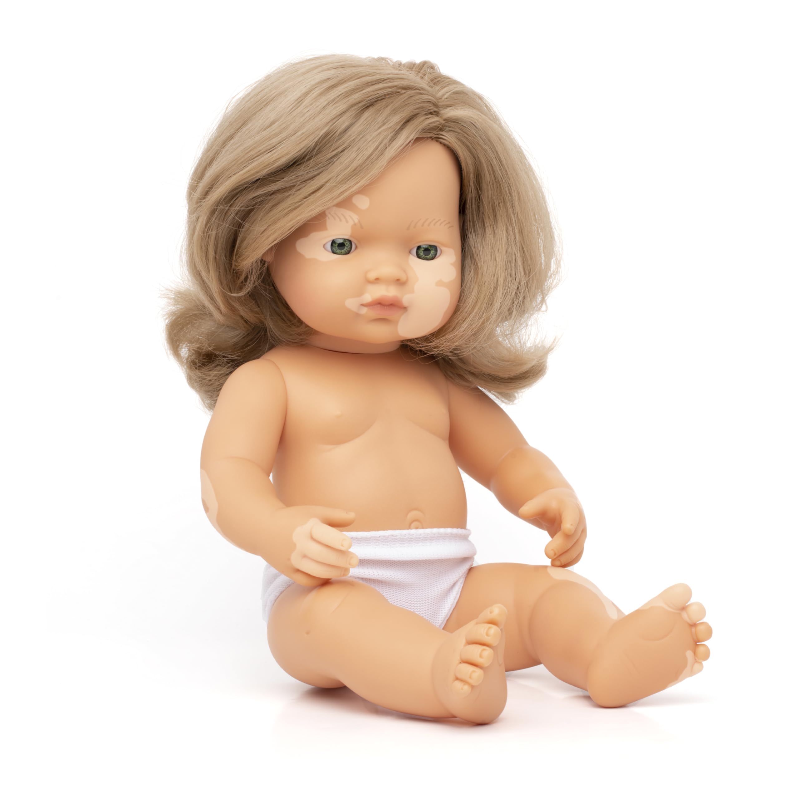 Miniland: Caucasian dark blonde baby doll with vitiligo, 38cm, handmade in Spain in soft vinyl Dolls.