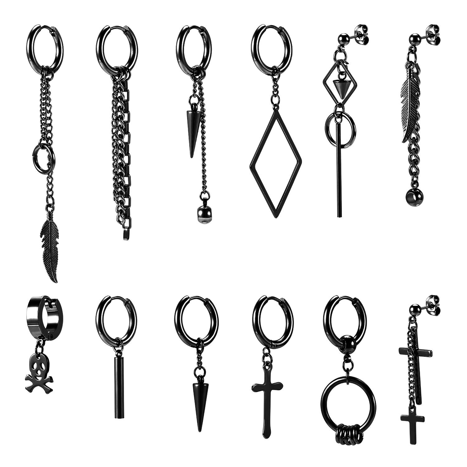 12 Pcs Dangle Cross Earrings for Men Surgical Steel Earrings Sets Dangling Chain Hypoallergenic Earrings Hoops