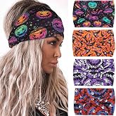 Olbye Halloween Headbands for Women Wide Knotted Head Bands Pumpkin Turban Non Slip Hairbands Stretch Workout Head Wraps Yoga Hair Scarfs Halloween Hair Accessories for Women 4Pcs (C)