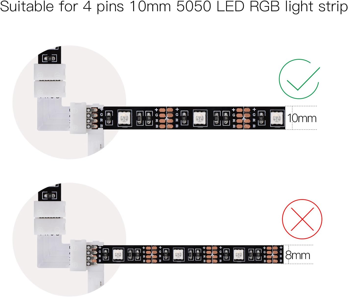 L Shape 4 Pins Connector 10-Pack JACKYLED 10mm Right Angle Corner Solderless Connector 12V 72W Clip for 3528/5050 SMD RGB Fireproof Material 4 Conductor LED Strip Lights Strip to Strip (22Pcs Clips) - - 