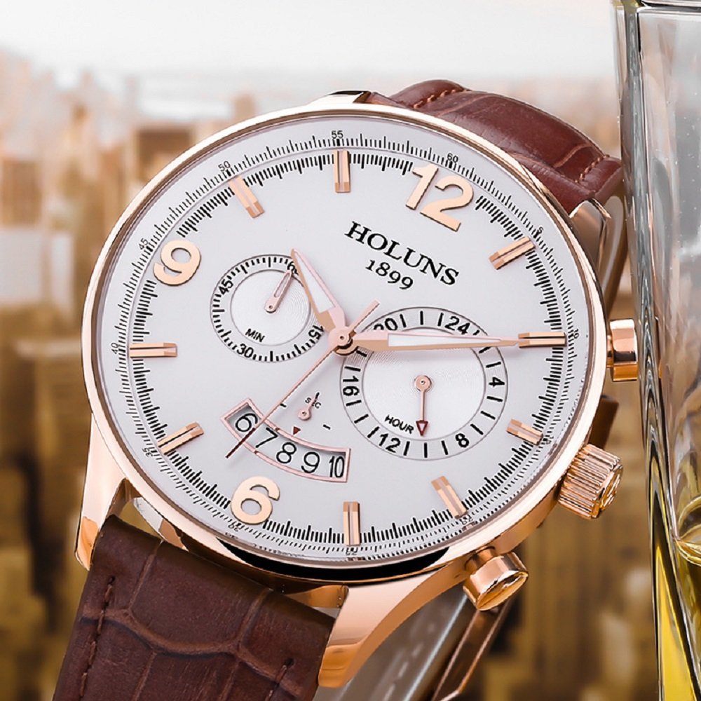 Holuns Mens Quartz Wrist Watch Sapphire Crystal Glass Leather
