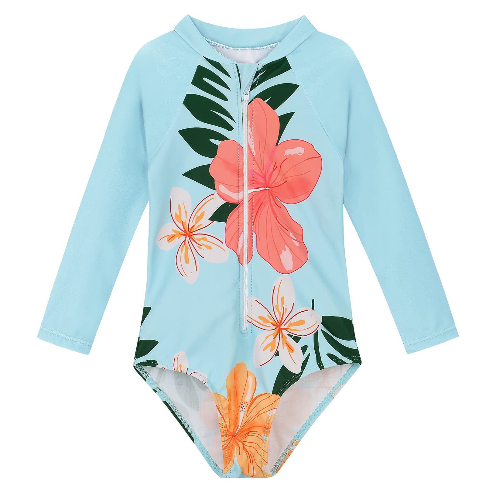 Photo 1 of Baby Girl Swimsuit One Piece Bathing Suits for Girls Long Sleeve Toddler Girl Rash Guard Swimwear 5-6 Years Blue Floral