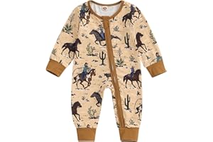 Western Romper Baby Boy Girl Jumpsuit Horse Print Long Sleeve Front Zipper Newborn Cowboy Cowgirl Casual Bodysuit