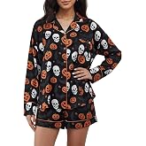 SUEER Satin Pajamas Set for Women 2 Piece Cute Pumpkin Long Sleeve Shirt and Shorts Sleepwear Comfy Loungewear Pjs Outfits