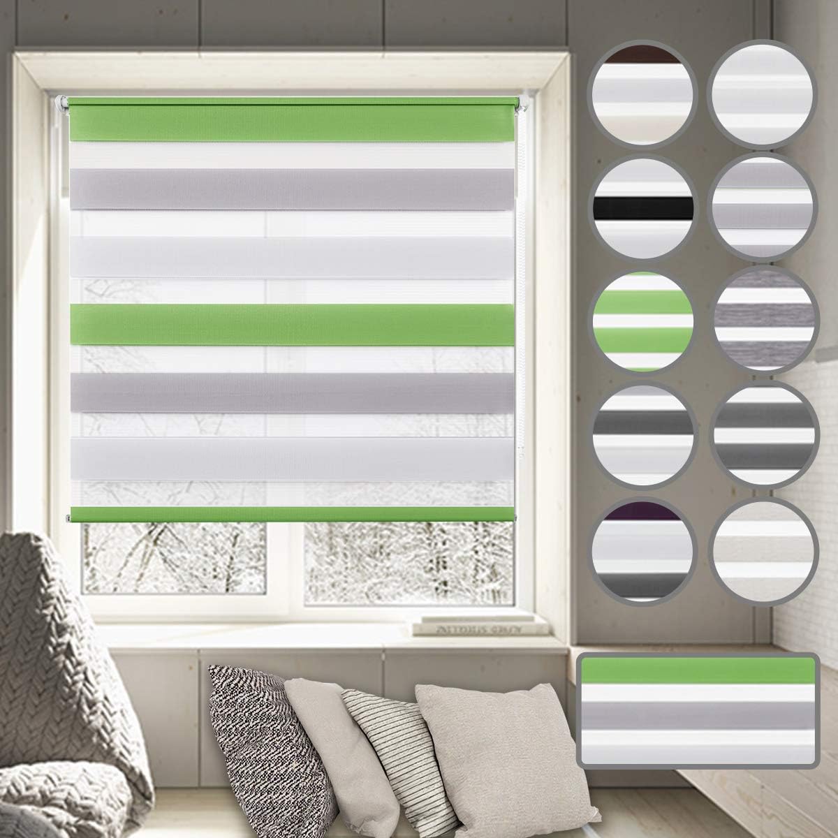 Day and Night Roller Blinds - 65 x 150 cm Green Grey White Zebra Roller blinds Translucent or Blackout Curtains Easy Fix with Accessories for Windows and Doors