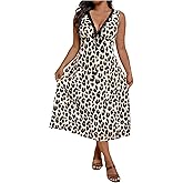 Floerns Women's Plus Size Cheetah V Neck Midi Dress Lace Trim A Line Wedding Guest Dresses