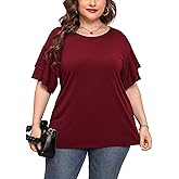 AusLook Plus Size Tunic for Women Double Ruffle Short Sleeve Clothes Loose Fit Clothing Flowy Shirts Summer Tops