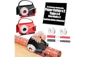 SUGOITI 2-Pack Wrapping Paper Cutter & Tape Dispenser for Christmas Gift, Improve Gift Packaging Efficiency, Makes The Cutting line straighter, Cutting Tool with 4 Tapes，2 Replace Blades Kit, Red and Black