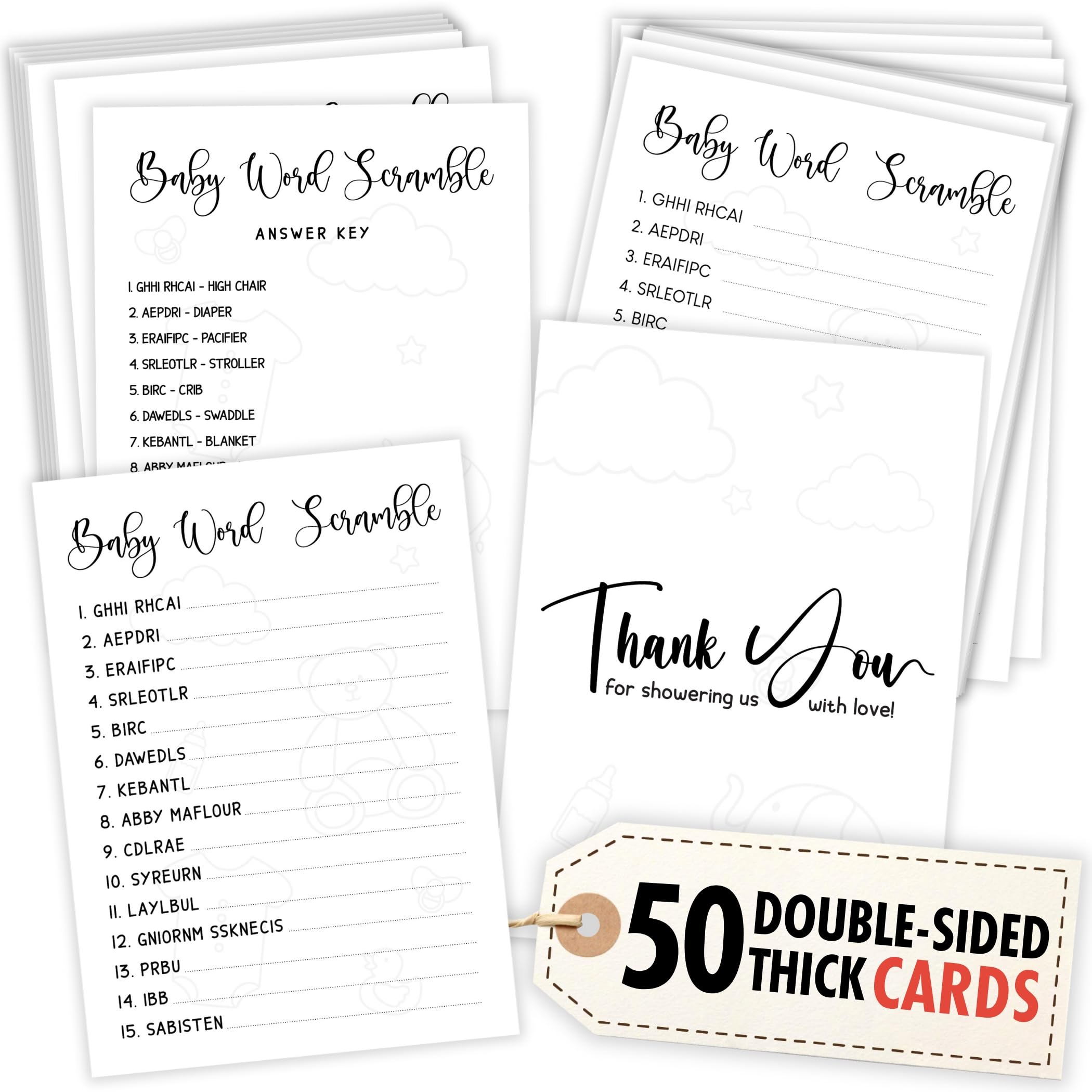 Photo 1 of WOODAMORE Baby Word Scramble Game Ideas - 50 Pcs Funny Baby Shower Game Activities for Hilarious Baby Shower
