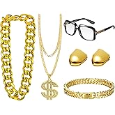 Gejoy 6 Pcs Hip Hop Costume Kit 80s 90s Rapper Accessories Sunglasses Faux Gold Rope Chain Bracelet Dollar Sign Necklace Fake Teeth for Men Women Cosplay
