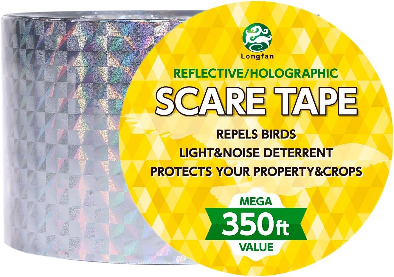 350 Ft. (106.6m) Roll Bird Repellent Scare Tape, Simple Bird Control Device to Keep Birds Away. Stops Damage and Scares Birds. Deterrent Works Great with Netting, Spikes, or a Scarecrow
