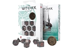 The Witcher Dice Set: Ciri – Elder Blood by Q Workshop | 7 Polyhedral Dice & Metal Coin | Shimmering Gray with Copper Engravi