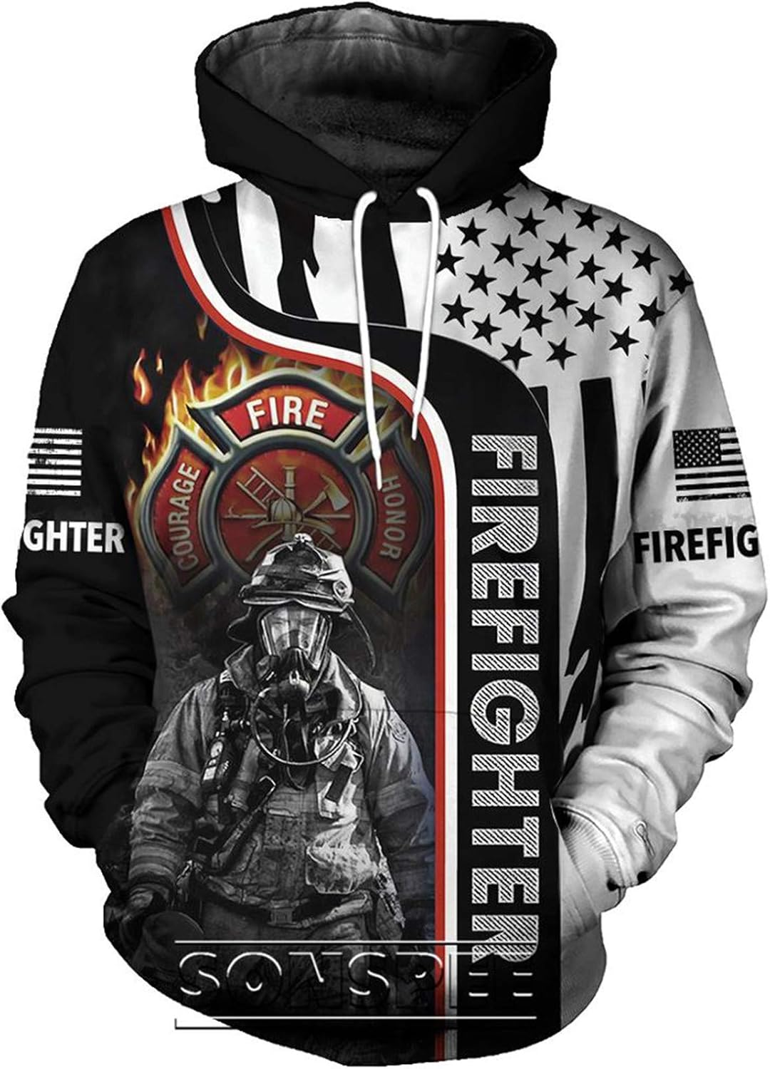 3d color block fire printed long sleeve hoodie