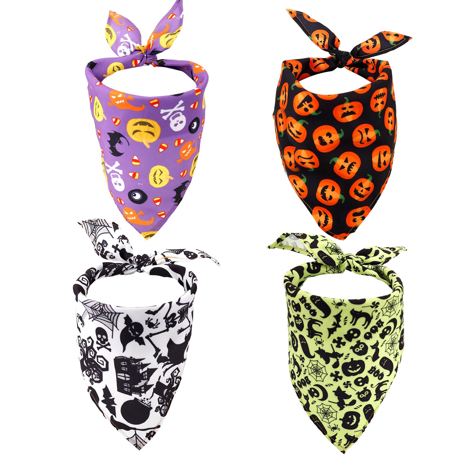 4pcs Halloween Dog Bandannas, Pet Triangle Scarf Pumpkins Skulls Spider Triangle Dog Scarf Washable Breathable Pet Neckerchief for Big Small Medium Large Dog and Cats